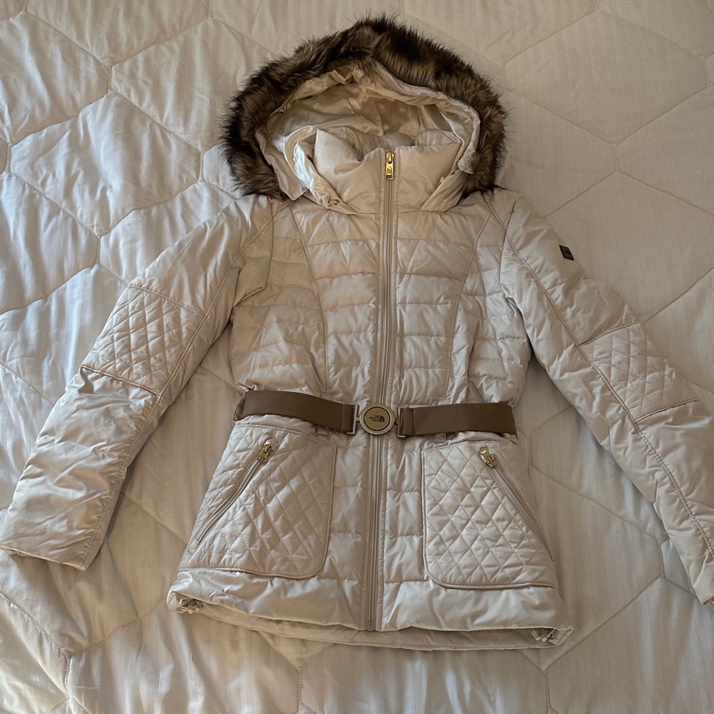 The North Face Cream Puffer Jacket with Brown belt